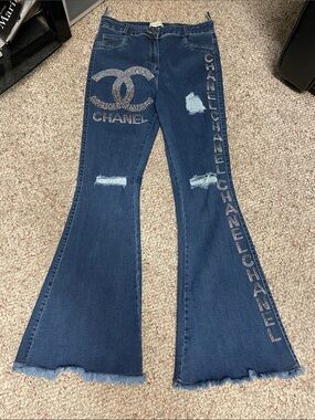 Dark Blue cc Rhinestone Logo ultra bell Flare Jeans- new